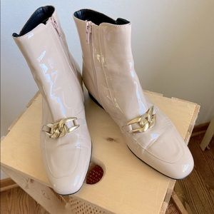 Free People Ankle Leather Flat Heel Booties Nude Boots Gold Chain Shoe Zipper